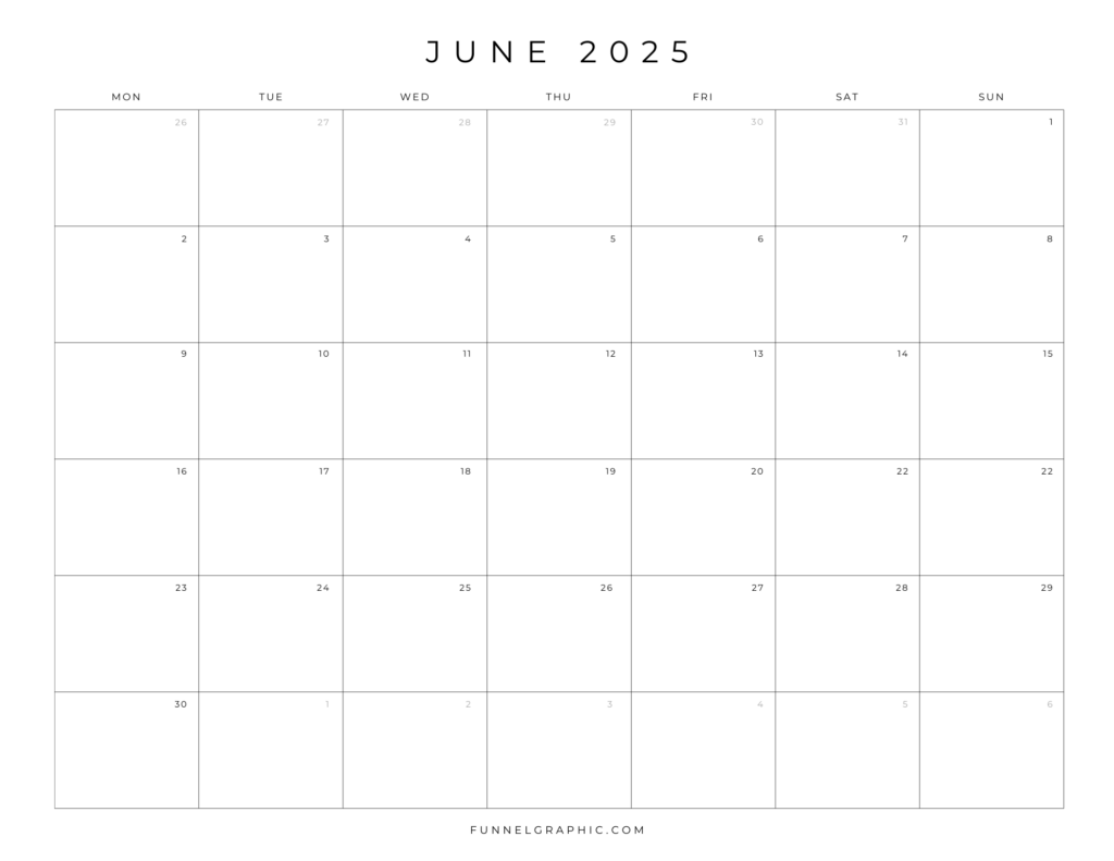 Free 2025 Calendar Printable Blank Landscape Templates 18 06 Jun 2025 Mon to Sun Individual Calendar