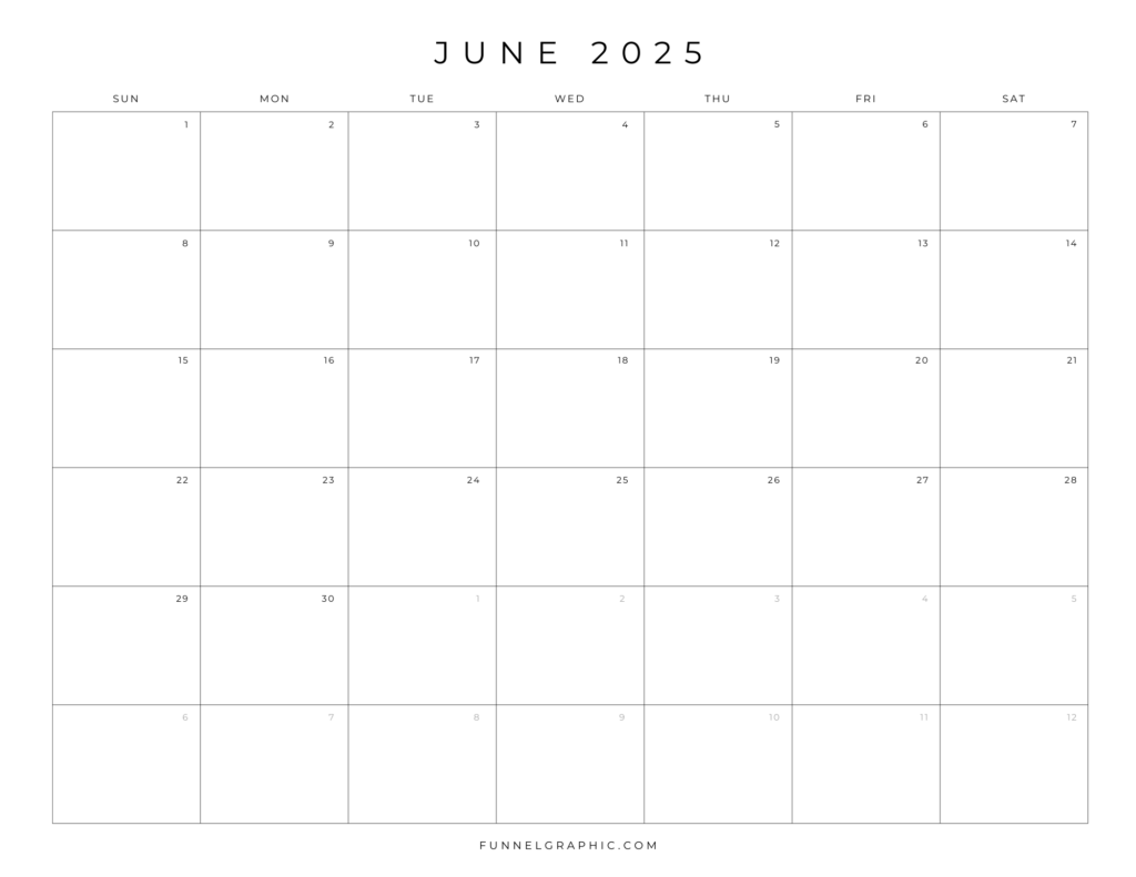 Free 2025 Calendar Printable Blank Landscape Templates 6 06 June 2025 Sun to Sat Individual Calendar