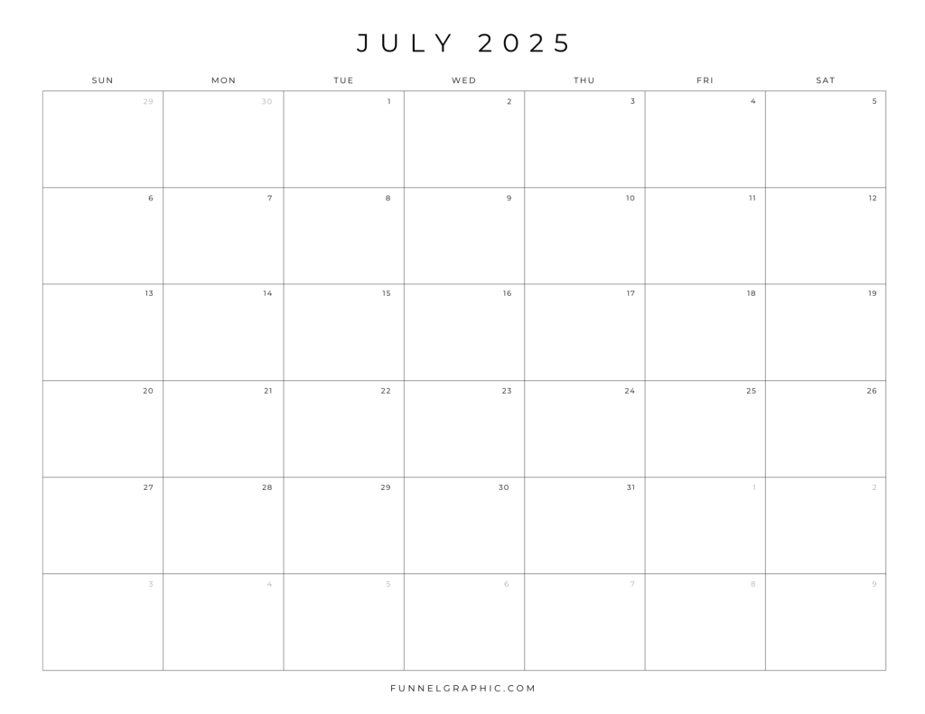 Free 2025 Calendar Printable Blank Landscape Templates 7 07 July 2025 Sun to Sat Individual Calendar