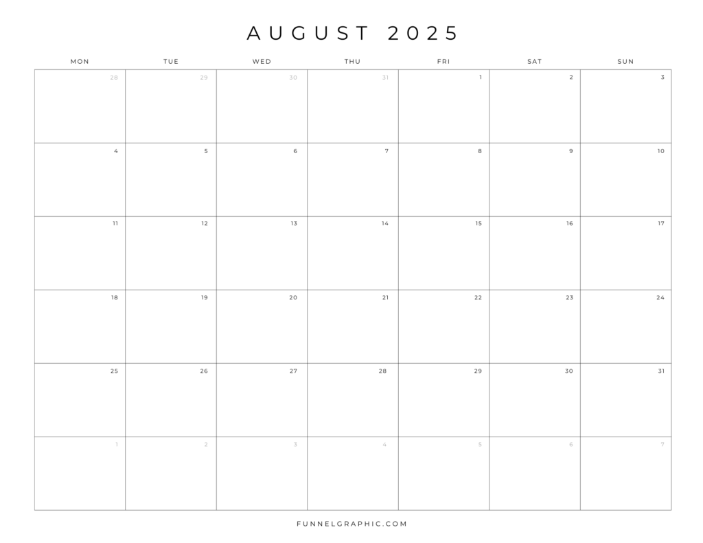 Free 2025 Calendar Printable Blank Landscape Templates 20 08 Aug 2025 Mon to Sun Individual Calendar