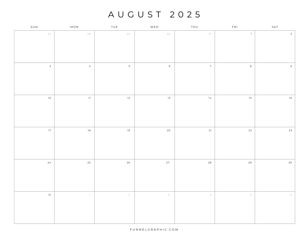 Free 2025 Calendar Printable Blank Landscape Templates 8 08 Aug 2025 Sun to Sat Individual Calendar