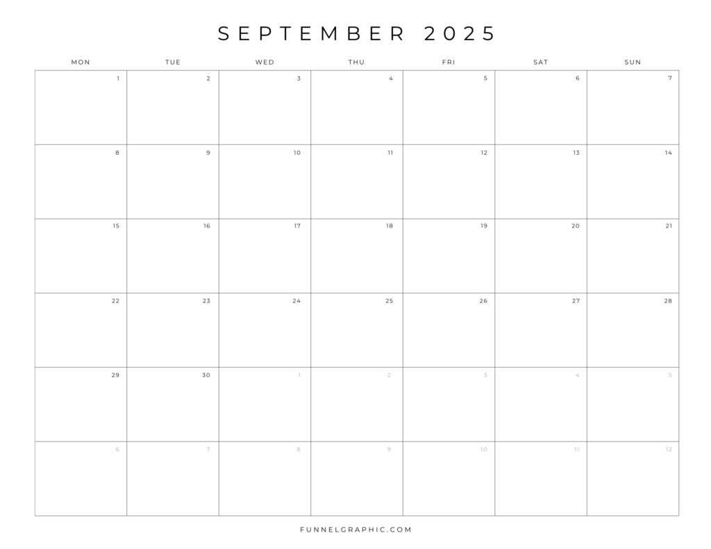 Free 2025 Calendar Printable Blank Landscape Templates 21 09 Sept 2025 Mon to Sun Individual Calendar