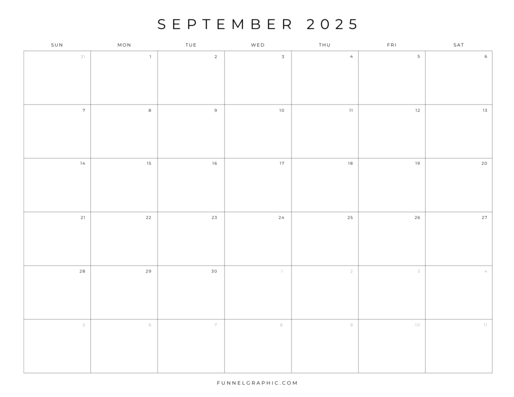 Free 2025 Calendar Printable Blank Landscape Templates 9 09 Sept 2025 Sun to Sat Individual Calendar
