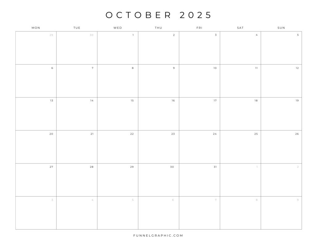 Free 2025 Calendar Printable Blank Landscape Templates 22 10 Oct 2025 Mon to Sun Individual Calendar