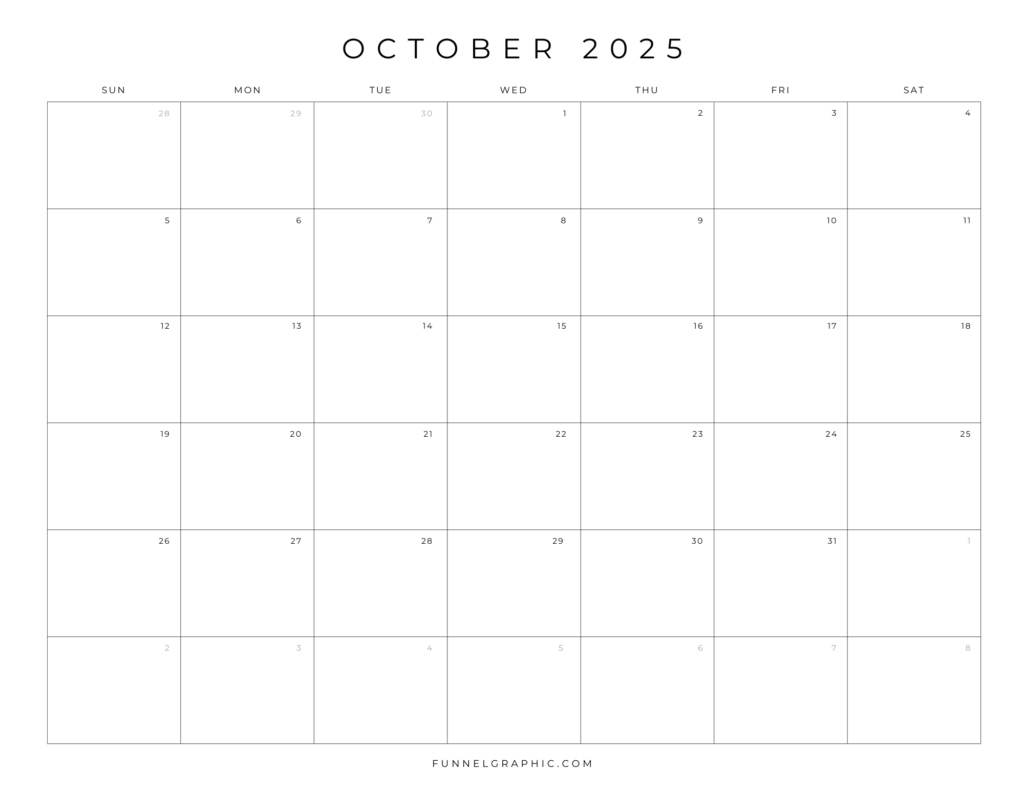 Free 2025 Calendar Printable Blank Landscape Templates 10 10 Oct 2025 Sun to Sat Individual Calendar