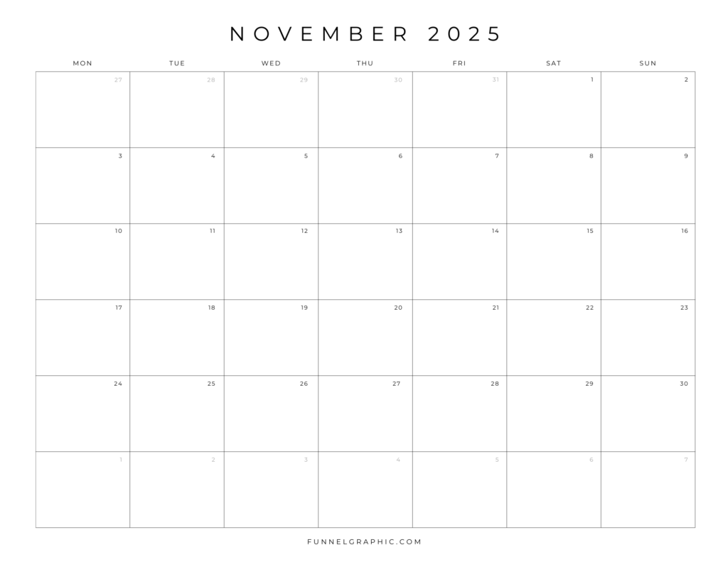 Free 2025 Calendar Printable Blank Landscape Templates 23 11 Nov 2025 Mon to Sun Individual Calendar