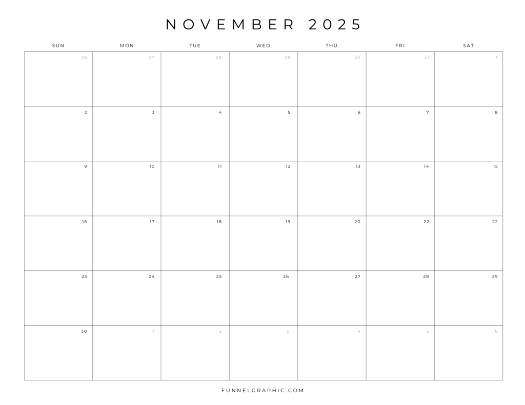 Free 2025 Calendar Printable Blank Landscape Templates 11 11 Nov 2025 Sun to Sat Individual Calendar