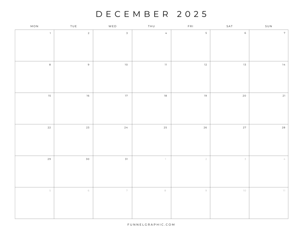 Free 2025 Calendar Printable Blank Landscape Templates 24 12 Dec 2025 Mon to Sun Individual Calendar