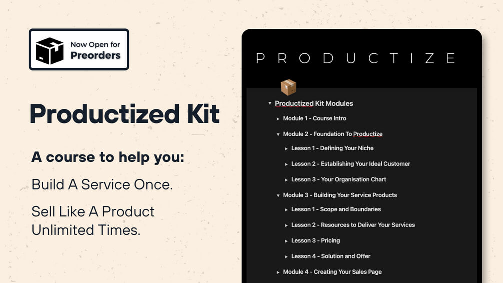 Course preorder advertisement for "Productized Kit," featuring modules on building and selling services. Emphasizes structuring services to sell like products.