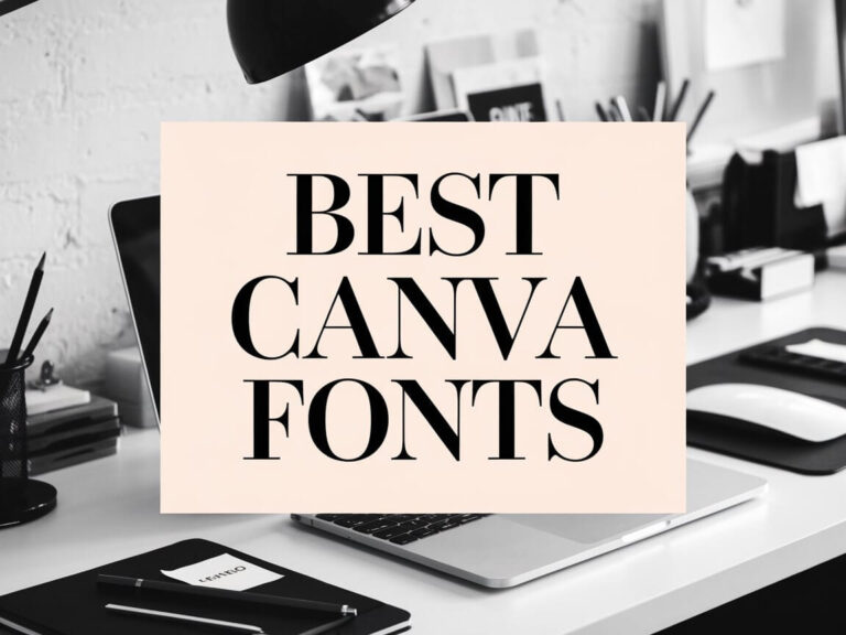 The image features a workspace with a laptop, lamp, and stationary under a sign reading "Best Canva Fonts" in bold letters.