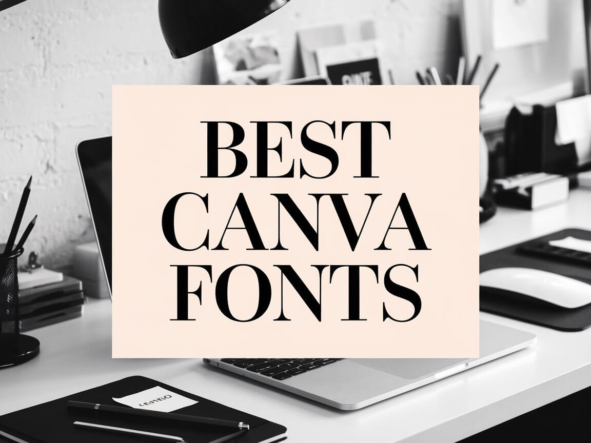 The image features a workspace with a laptop, lamp, and stationary under a sign reading "Best Canva Fonts" in bold letters.