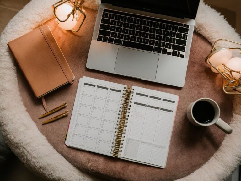 A cozy workspace features a laptop, planner, notebook, pens, two warm lights, and a coffee cup on a soft, round table.