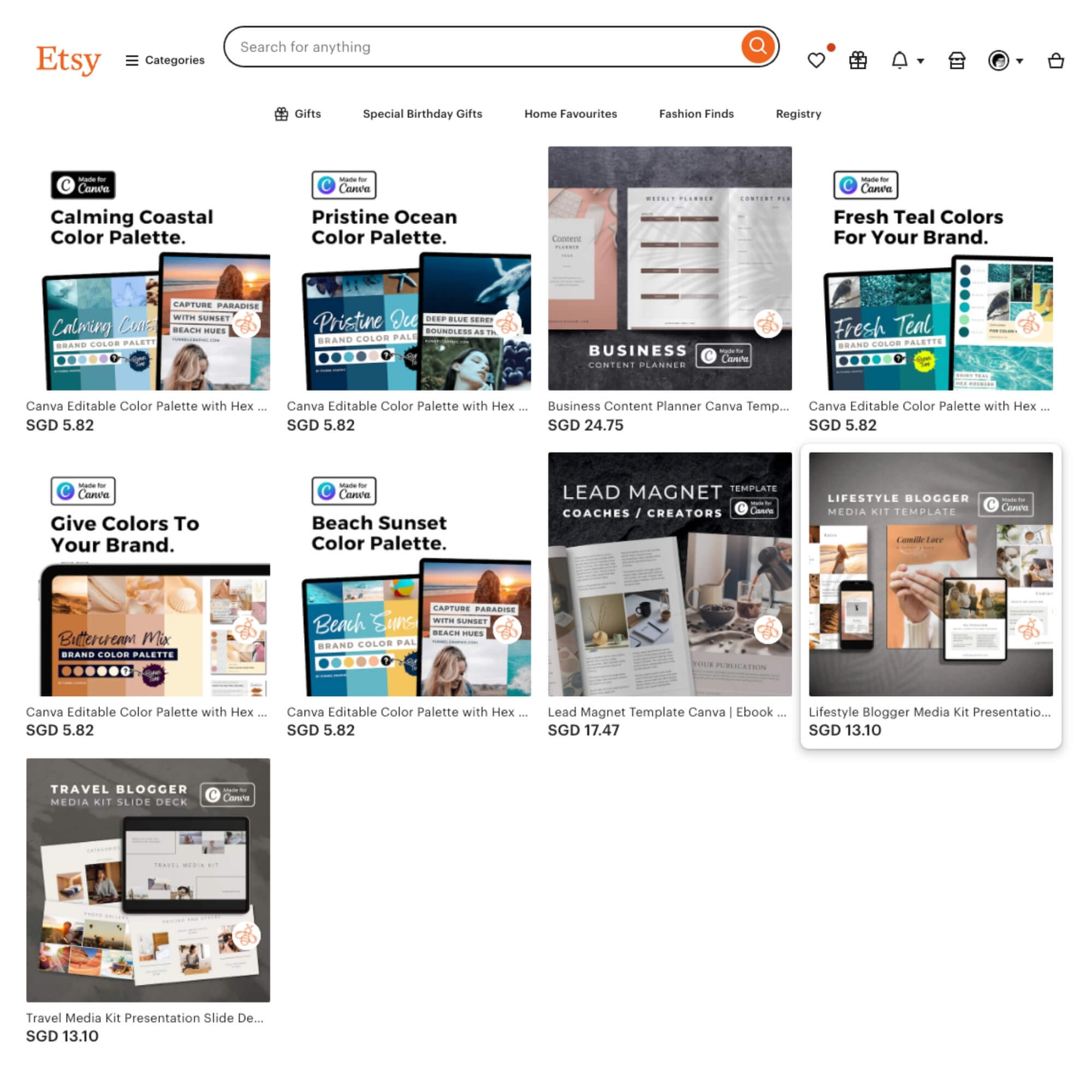 How To Sell Canva Templates for Passive Income 4 Etsy webpage displaying various Canva templates: color palettes, business content planners, and media kits, each with prices in SGD.