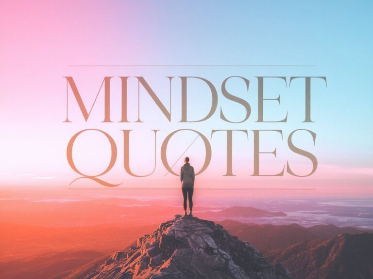 mindset quotes overlay a person on a mountain