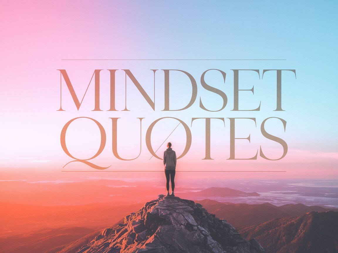 mindset quotes overlay a person on a mountain