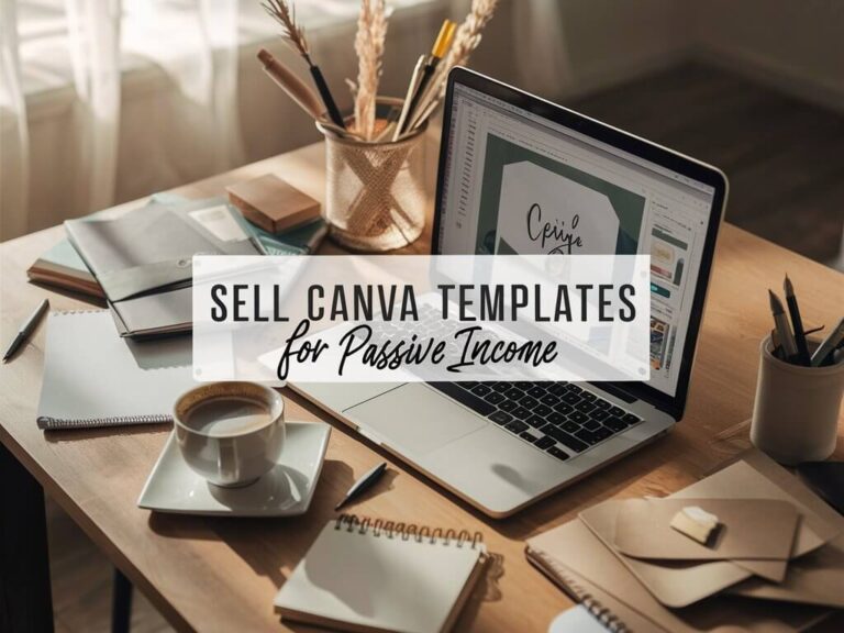 A cozy workspace with a laptop displaying "Sell Canva Templates for Passive Income," surrounded by notebooks, coffee, and decorative items.