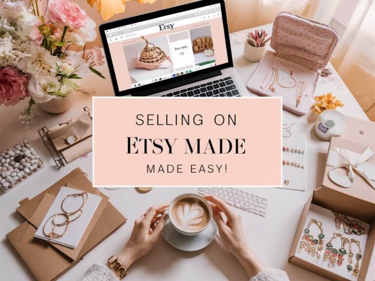 A person is at a desk with Etsy items, jewelry, and a laptop. Text overlay reads "Selling on Etsy Made Easy!"