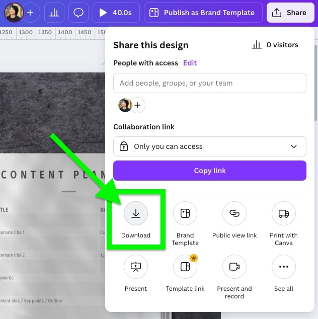 A screenshot shows a design sharing interface with options for collaboration, downloading, and publishing. An arrow highlights the download button for emphasis.