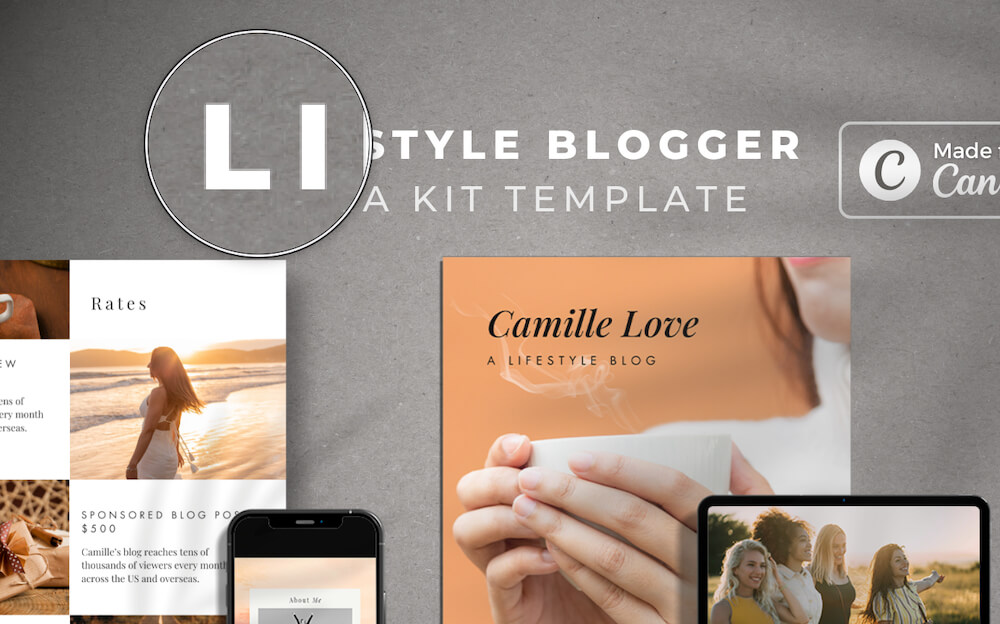 How To Save Canva Designs As High-Resolution Images For Free 11 Lifestyle blogger media kit template featuring a person holding a cup, phone, and tablet with images of diverse people and nature scenes.