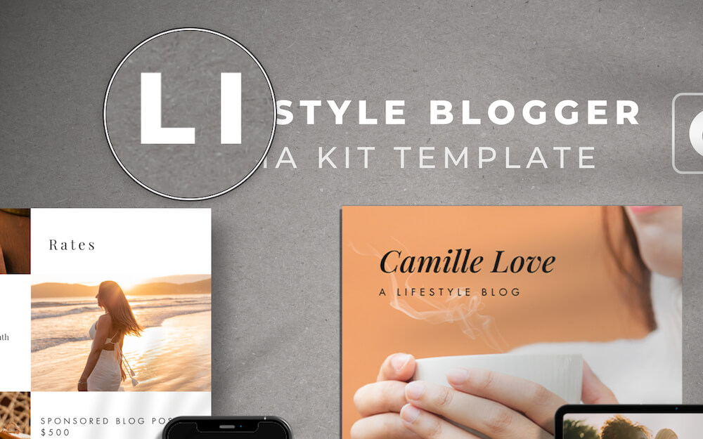 How To Save Canva Designs As High-Resolution Images For Free 10 Collage featuring a lifestyle blogging media kit template. Includes a person on the beach, holding a cup, and a smartphone displaying images.