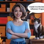 A person smiles beside a cat on a table, with shelves of colorful boxes in the background. Speech bubble mentions Amazon Influencer Program.