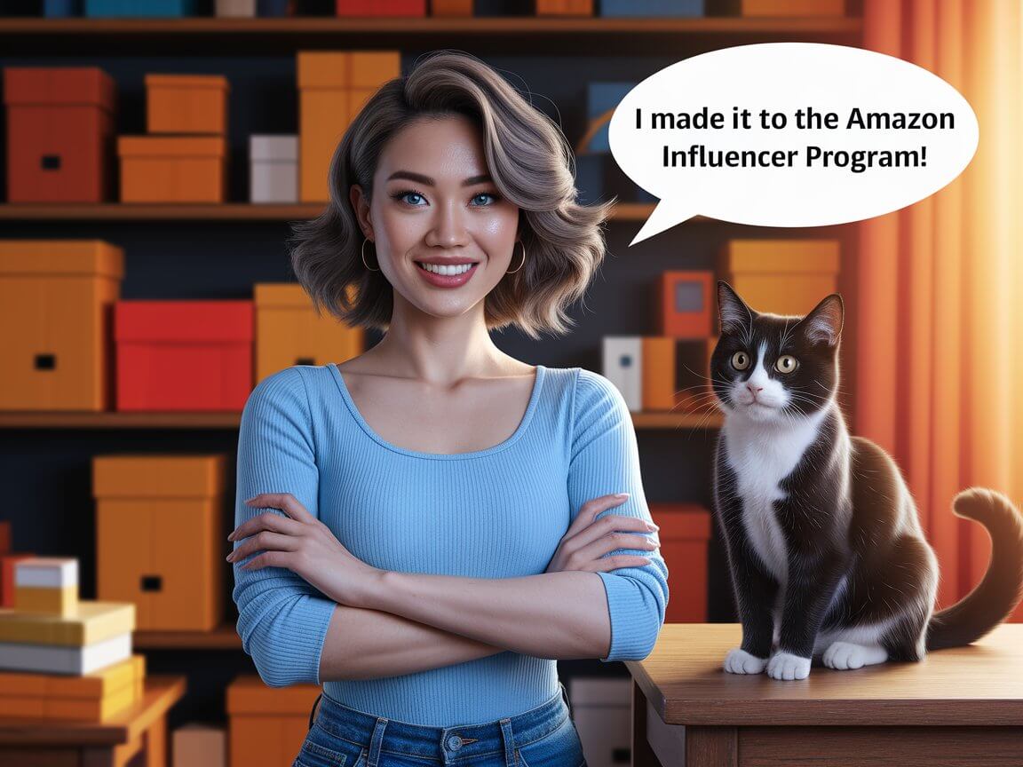 Amazon Influencer Year 0 (I just Qualified For The Program) 1 A person smiles beside a cat on a table, with shelves of colorful boxes in the background. Speech bubble mentions Amazon Influencer Program.