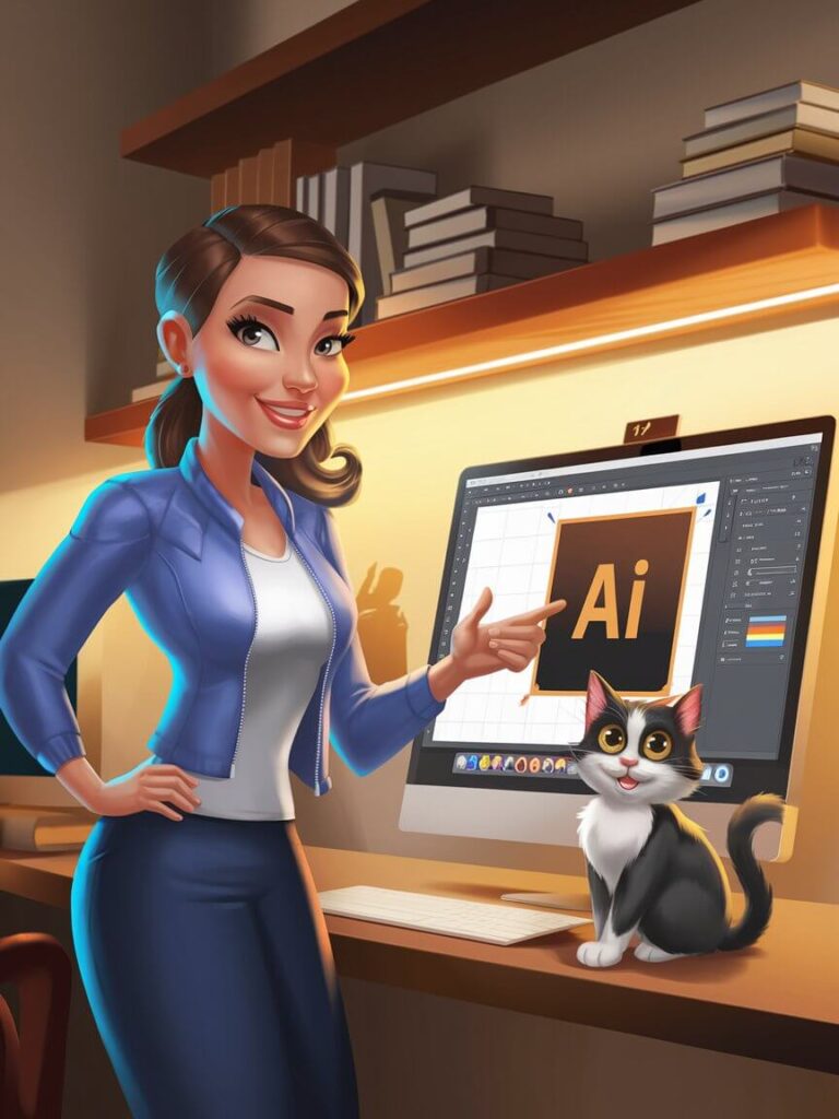 A person points at a computer screen displaying design software; a cat sits nearby on a desk, with bookshelves in the background.