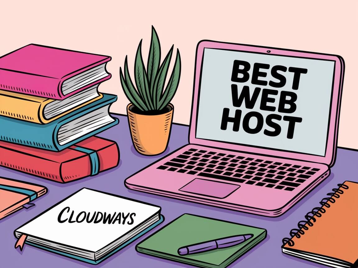 A pink laptop displaying "Best Web Host" beside colorful books, notebooks, a plant, and paper labeled "Cloudways" on a desk.