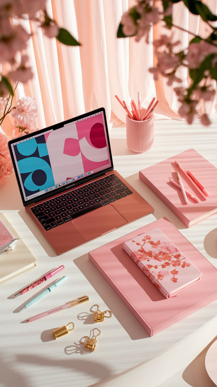 A stylish pink-themed workspace with a laptop, notebooks, pens, and flowers, showcasing an elegant, minimalistic design and aesthetic organization.
