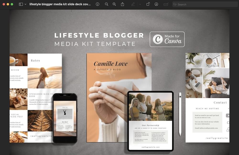 How To Save Canva Designs As High-Resolution Images For Free 9 Lifestyle blogger media kit template showcases digital devices with blog previews, contact information, and partnership details, designed for Canva, featuring varied lifestyle imagery.