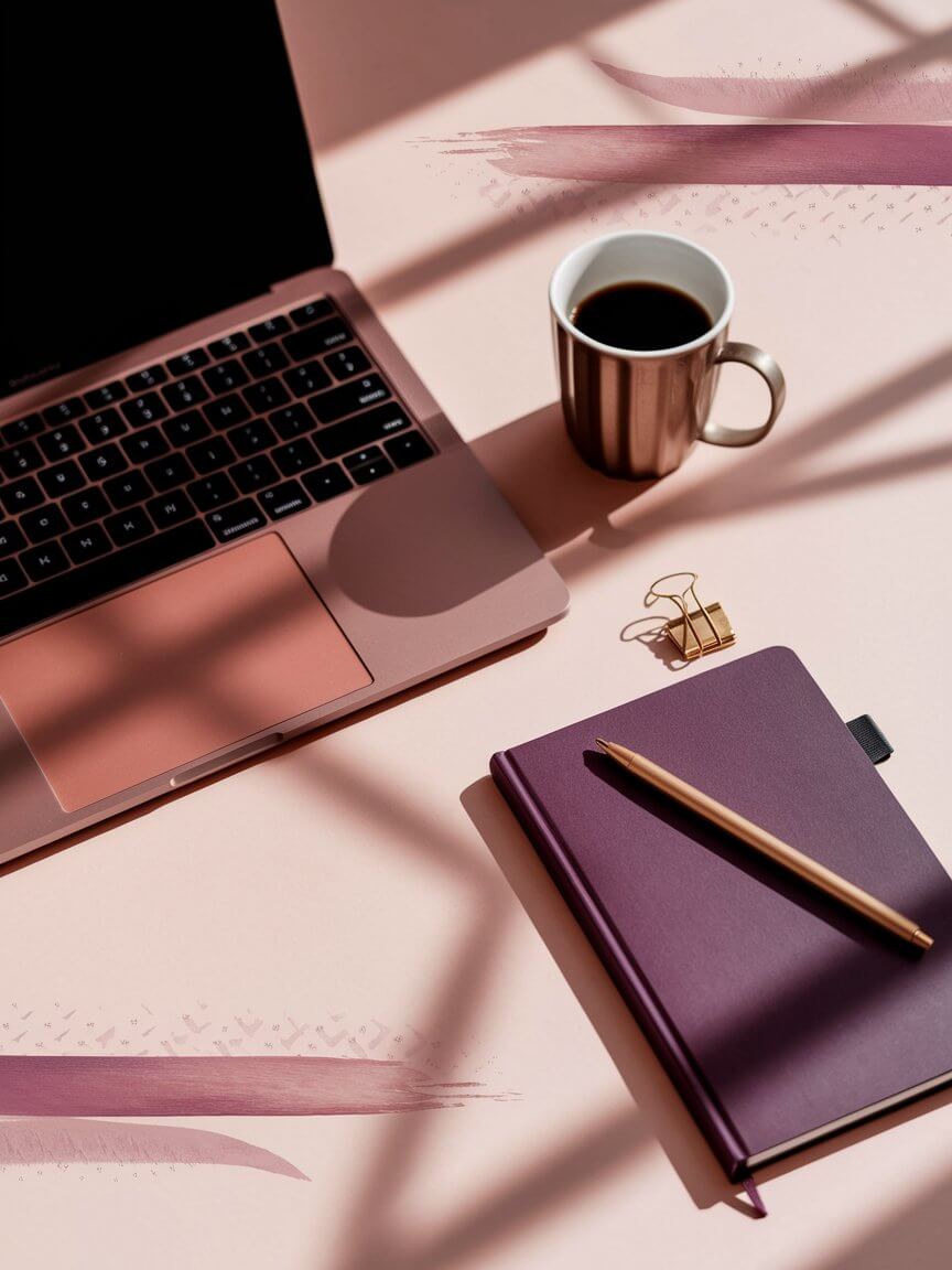 How to Convert Canva Designs to SVG Format 1 A laptop, coffee cup, purple notebook, and pen are arranged on a pink surface with artistic shadows and paint strokes.