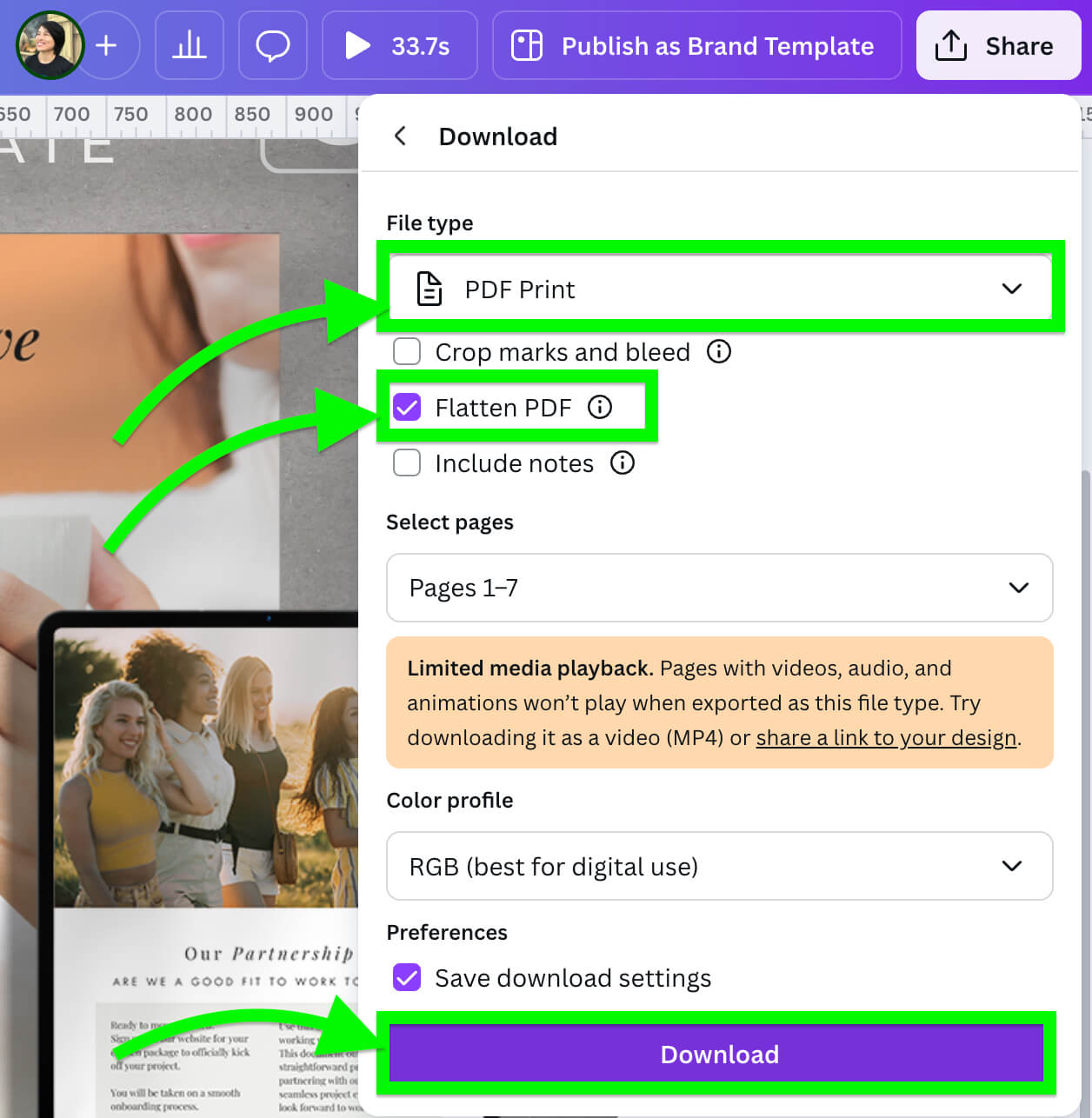 How To Save Canva Designs As High-Resolution Images For Free 6 Interface showing PDF download options, highlighting "PDF Print" and "Flatten PDF." Includes image of a person holding a tablet with a smiling group.