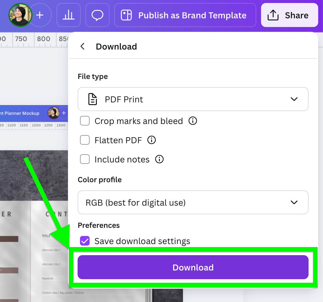 A person is editing PDF download settings on a digital design platform interface, with options for file type, color profile, and preferences.