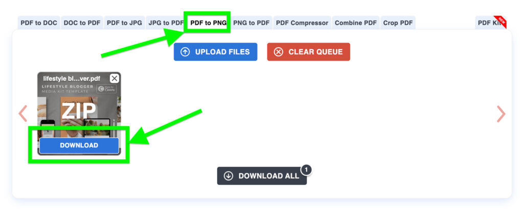 How To Save Canva Designs As High-Resolution Images For Free 8 A screenshot of a PDF conversion tool interface with options for uploading files, converting, and downloading a "lifestyle blogger" media kit template.