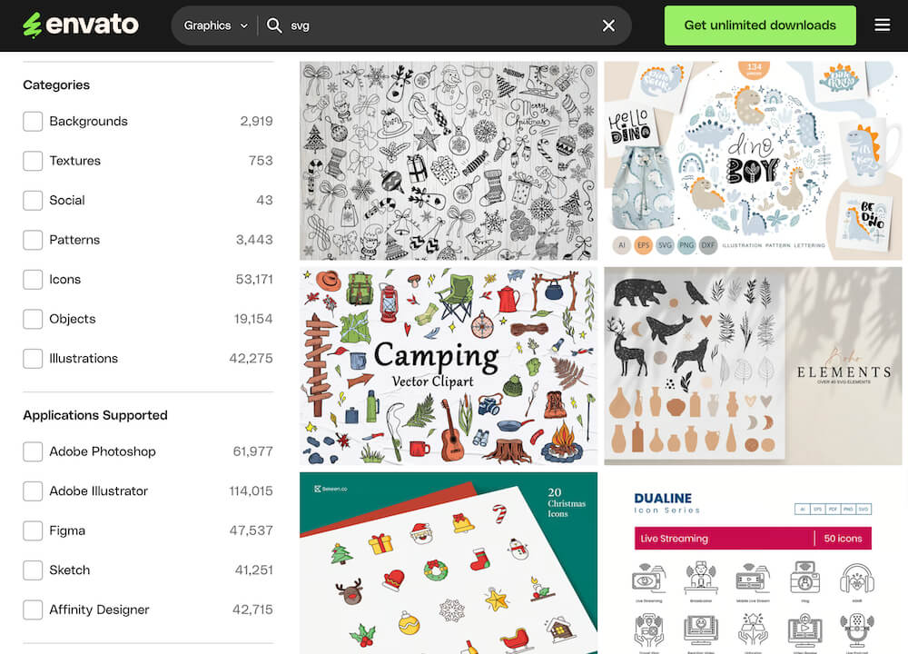 A digital marketplace interface displaying various graphic categories, including camping and Christmas-themed vectors and icons, with checkboxes for selection and filter options.