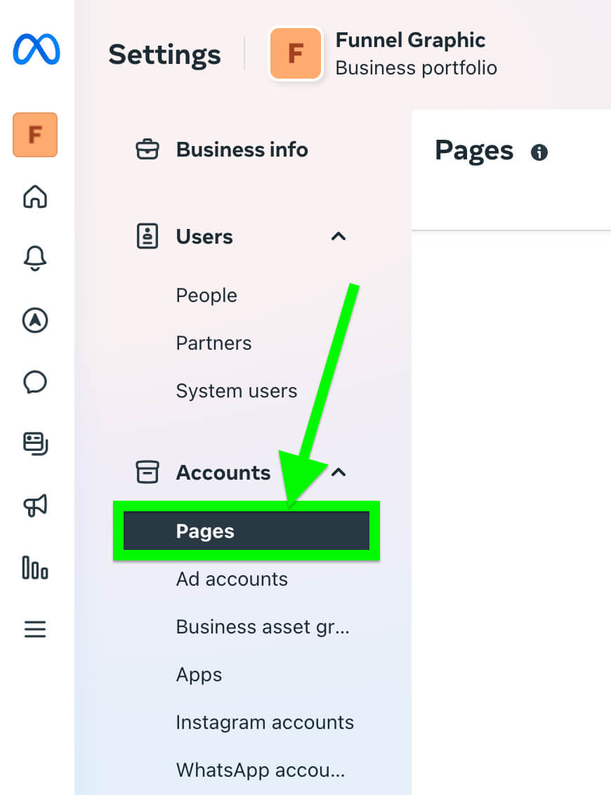 Amazon Influencer Year 0 (I just Qualified For The Program) 5 A digital interface showing business settings with navigation options like Users and Accounts, highlighting "Pages" underlined with a green arrow.