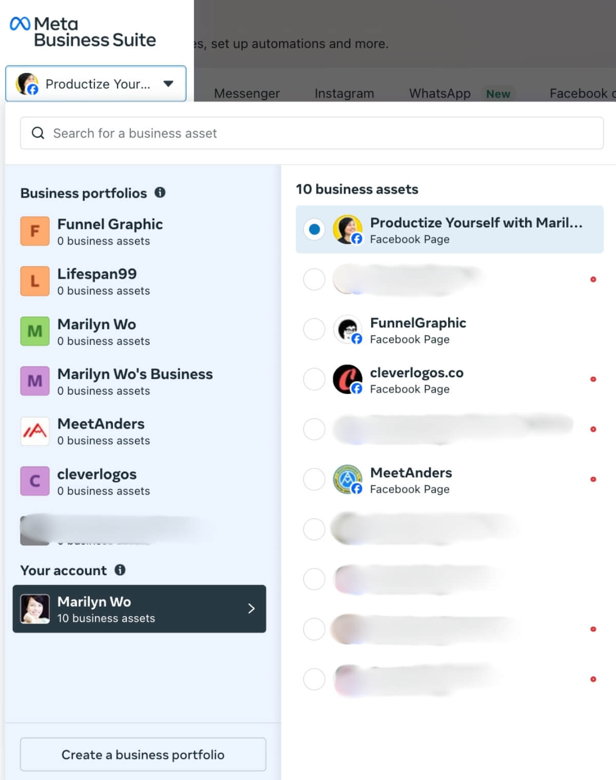 Amazon Influencer Year 0 (I just Qualified For The Program) 3 The image shows the Meta Business Suite interface with business portfolios and assets. Various Facebook Page names and profiles are listed on the screen.