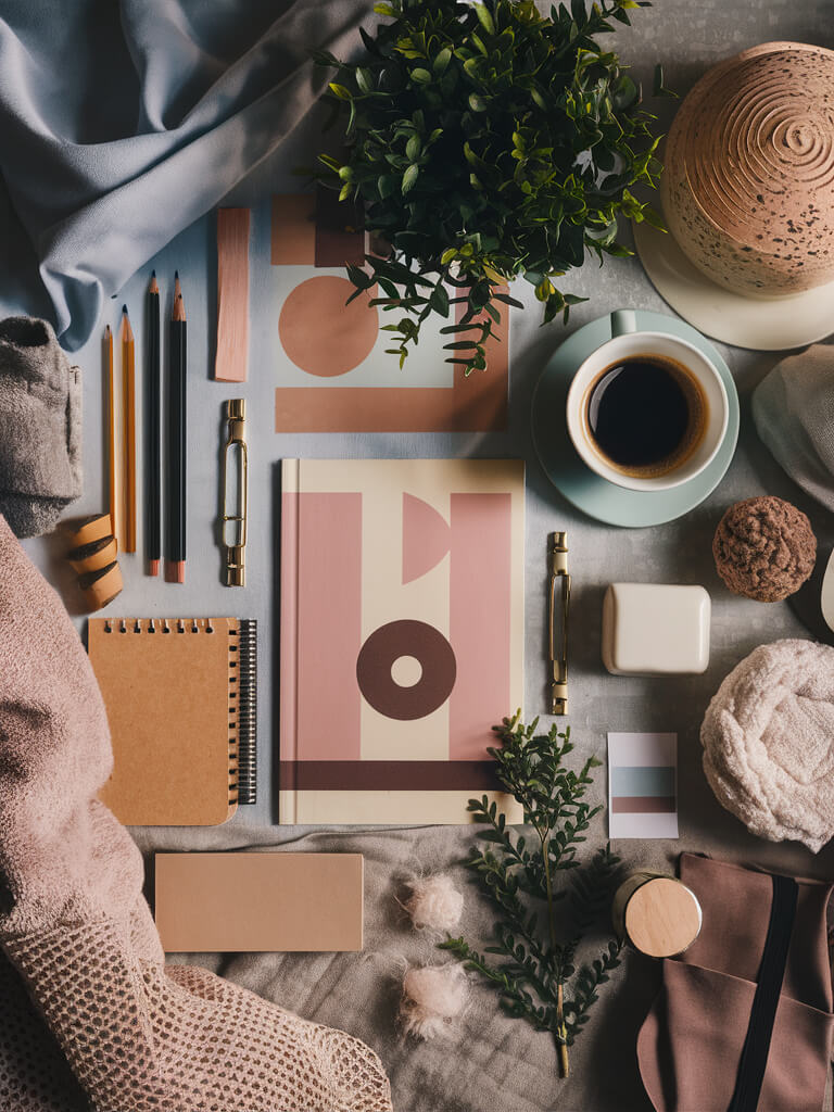 A flat lay of stationery, coffee, and decor items, featuring notebooks, pencils, a plant, and a cozy fabric, arranged aesthetically.