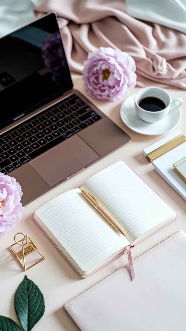 How To Save Canva Designs As High-Resolution Images For Free 1 A workspace with a rose-gold laptop, open notebook, pen, cup of coffee, and pink flowers, creating a stylish, inviting atmosphere.