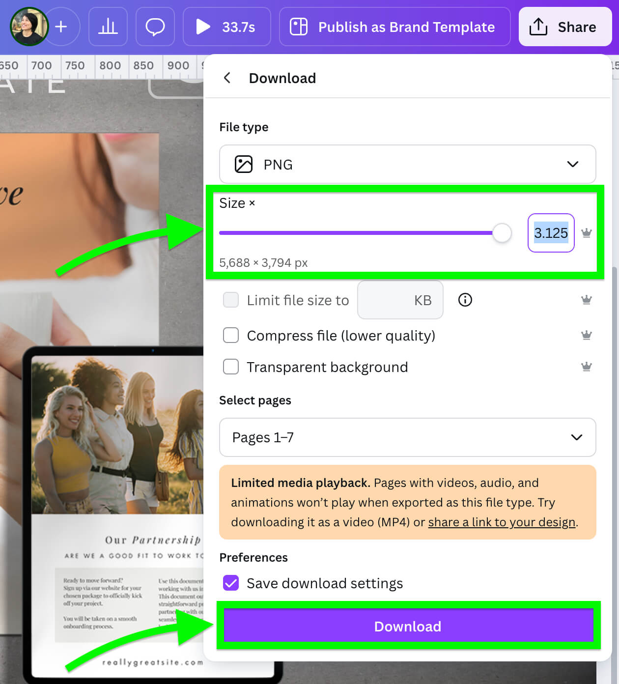 How To Save Canva Designs As High-Resolution Images For Free 4 A digital download interface showing size adjustment options, image preview with people, text, and a "Download" button highlighted in purple.