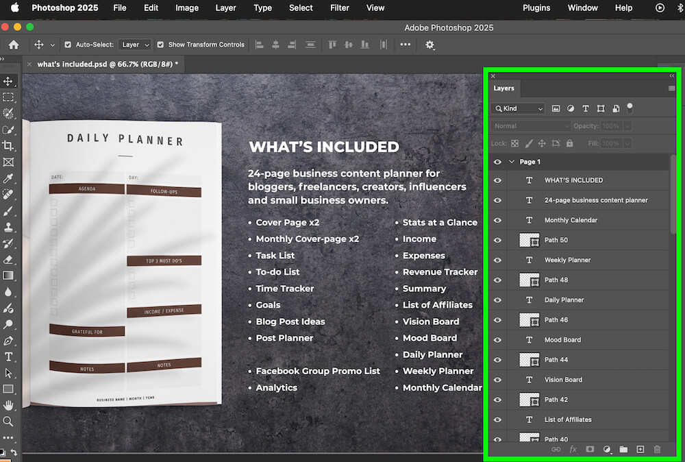A screenshot of Adobe Photoshop showing a daily planner design. The interface displays layers for organizing planner elements and text showcasing planner features.