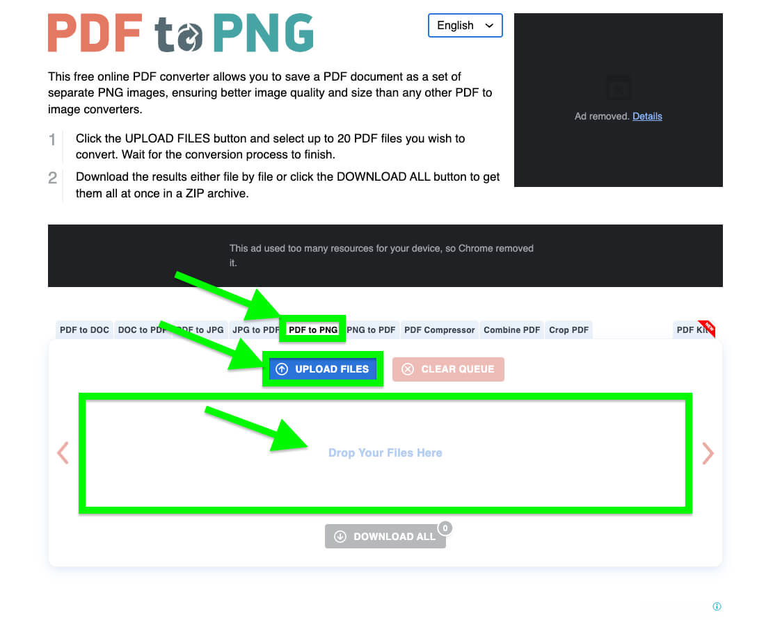 How To Save Canva Designs As High-Resolution Images For Free 7 Online PDF to PNG converter interface with upload and download options highlighted by green arrows and boxes. No recognizable landmarks or people present.