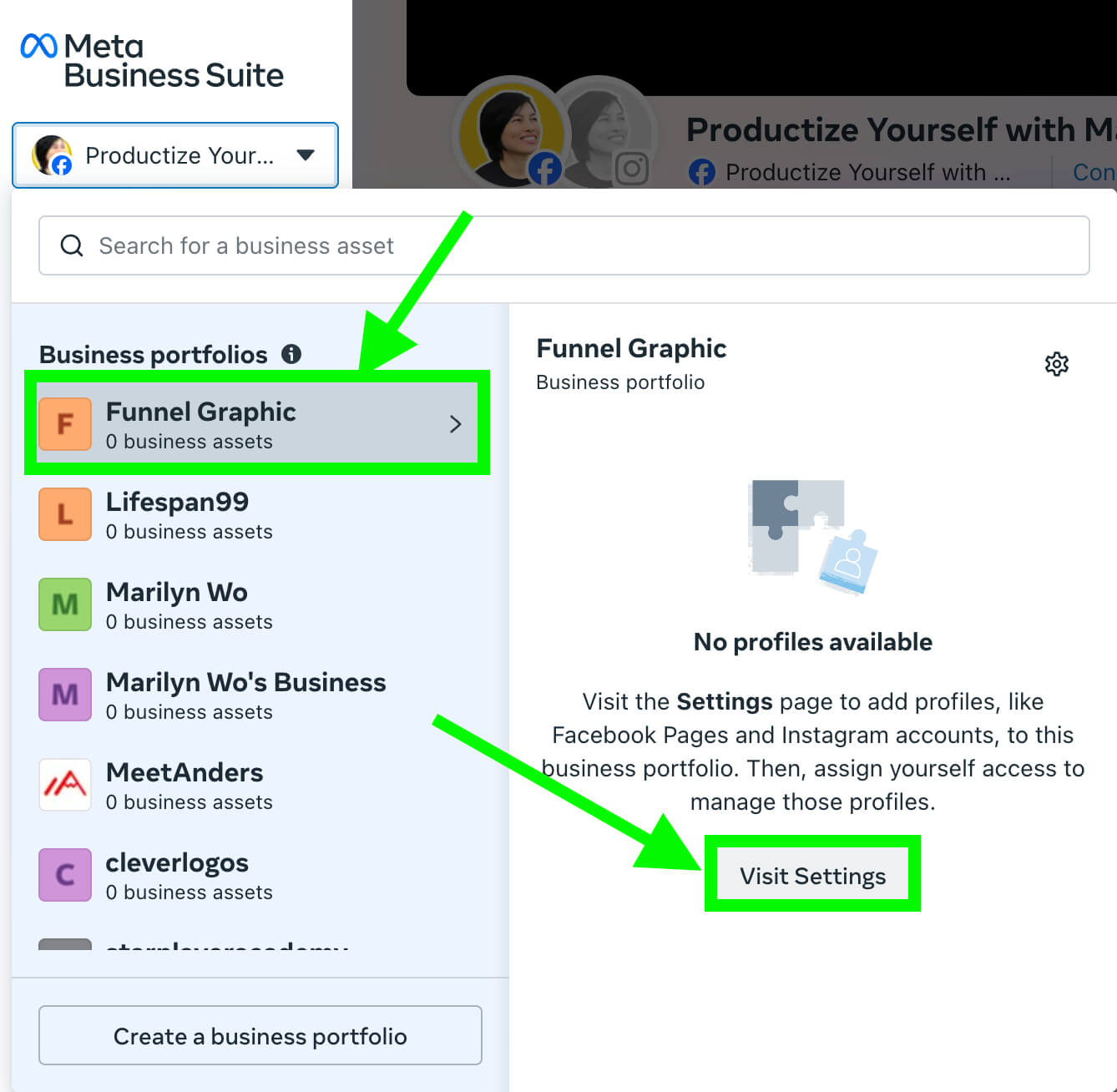Amazon Influencer Year 0 (I just Qualified For The Program) 4 Meta Business Suite interface: "Funnel Graphic" portfolio highlighted, prompting settings visit for profile additions; no profiles available.