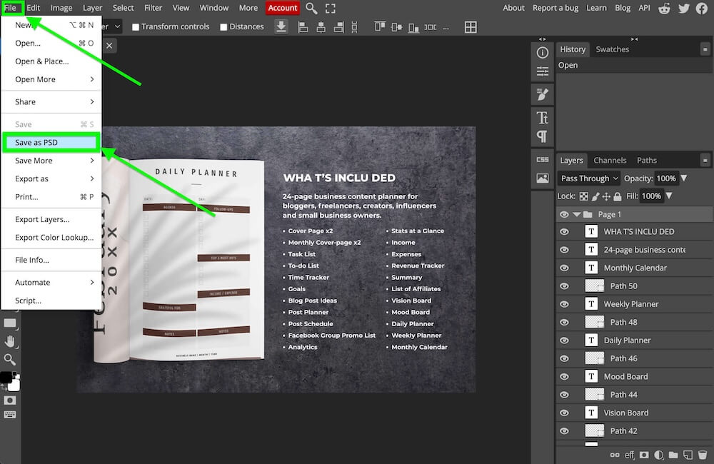 Image editing software interface showing a menu and layers panel. A daily planner is displayed with headings and features like monthly calendar and to-do lists.