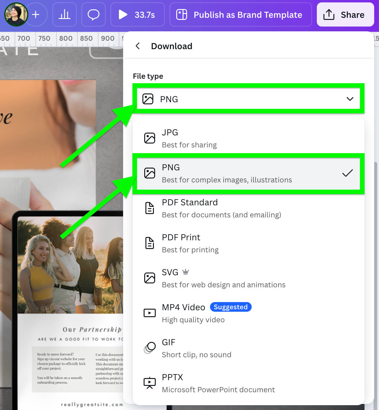 How To Save Canva Designs As High-Resolution Images For Free 3 The image shows a file download menu with format options highlighted, including PNG for complex images. Text and a visible person are present.