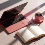 A pink laptop, open notebook, and steaming coffee cup sit on a sunlit surface, casting long shadows across the table.