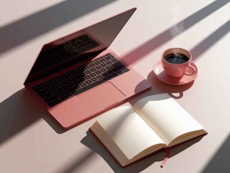 A pink laptop, open notebook, and steaming coffee cup sit on a sunlit surface, casting long shadows across the table.