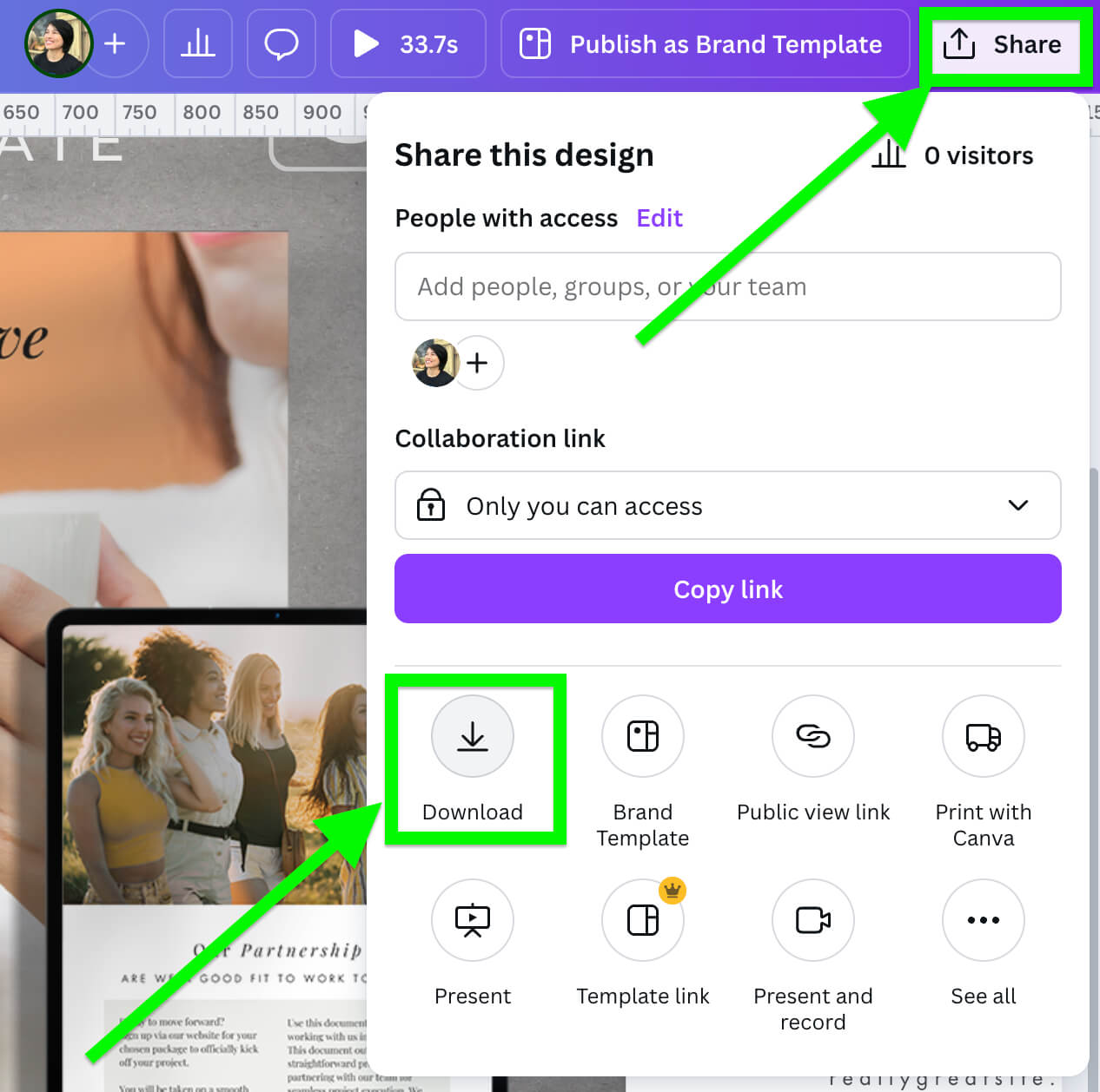 How To Save Canva Designs As High-Resolution Images For Free 2 Design interface with sharing options highlighted in green. Features download, brand template, and collaboration settings, plus an image of three people on the left.