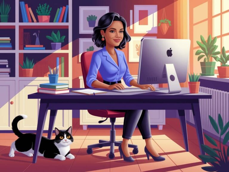 A person works at a computer in a home office, with plants, books, and a black-and-white cat under the table.