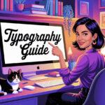 A person points to a computer displaying "Typography Guide." A cat sits beside them in a colorful, organized workspace.